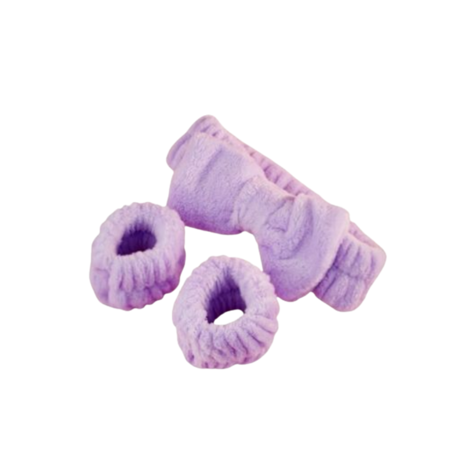 Soft spa headband and wristband set, purple microfiber face washing accessories for skincare routine.