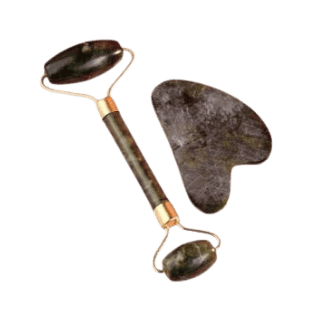 IVORY facial massage set green jade stone gua sha and roller double head tool packaging