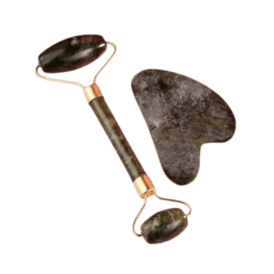 IVORY facial massage set green jade stone gua sha and roller double head tool packaging