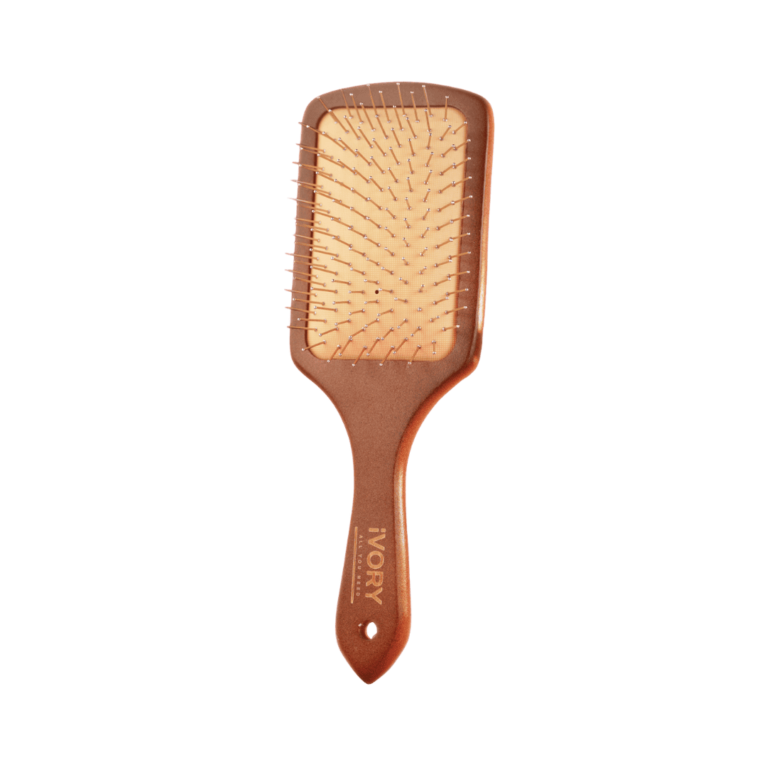 "iVORY Wooden Hairbrush, brown wooden handle with metal flexible bristles, designed for gentle hair detangling."