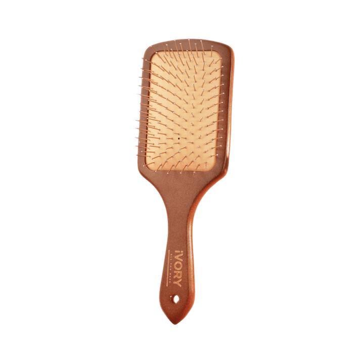 "iVORY Wooden Hairbrush, brown wooden handle with metal flexible bristles, designed for gentle hair detangling."