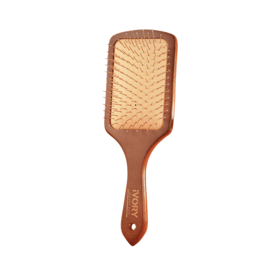 "iVORY Wooden Hairbrush, brown wooden handle with metal flexible bristles, designed for gentle hair detangling."