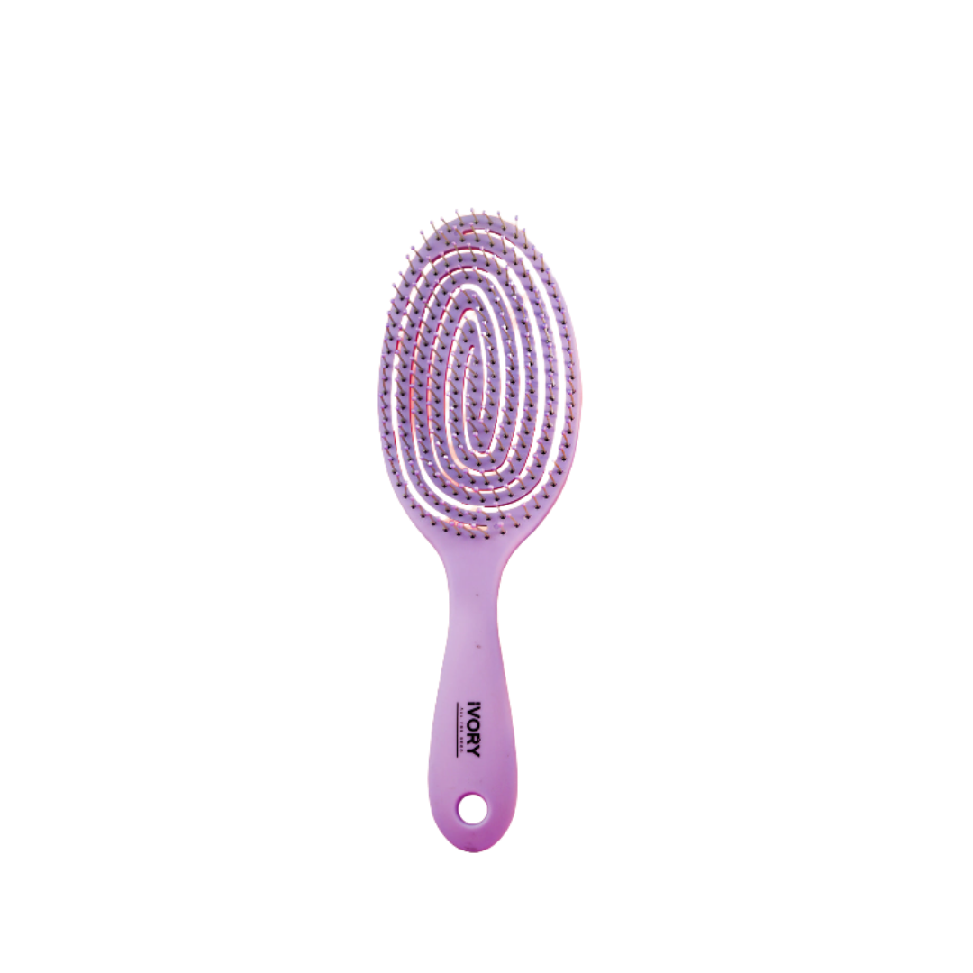 Ivory purple detangling hairbrush with a flexible design, featuring smooth bristles for gentle combing.
