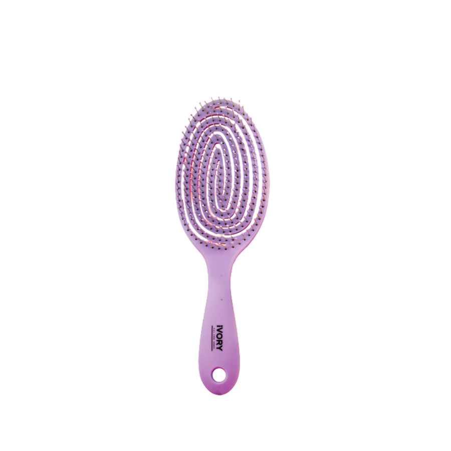 Ivory purple detangling hairbrush with a flexible design, featuring smooth bristles for gentle combing.