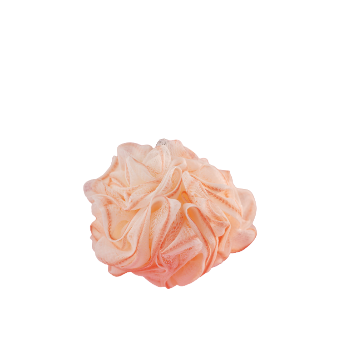 Ivory bath loofah sponge, soft mesh shower puff in peach color with hanging strap.