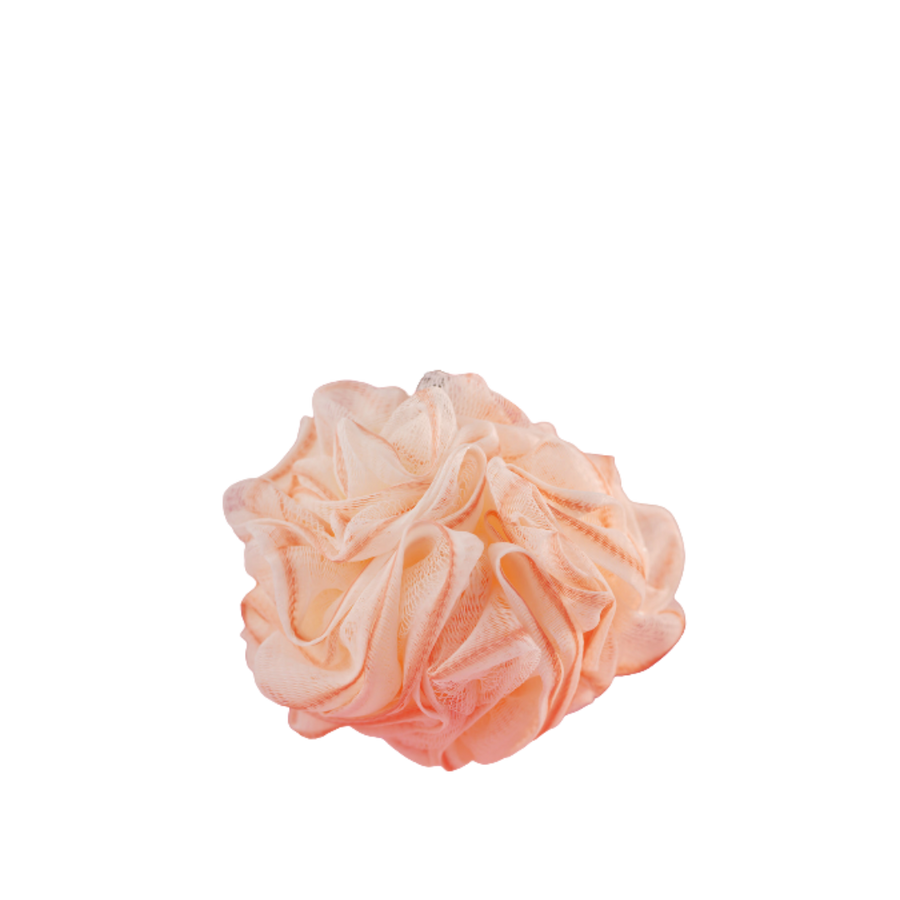 Ivory bath loofah sponge, soft mesh shower puff in peach color with hanging strap.