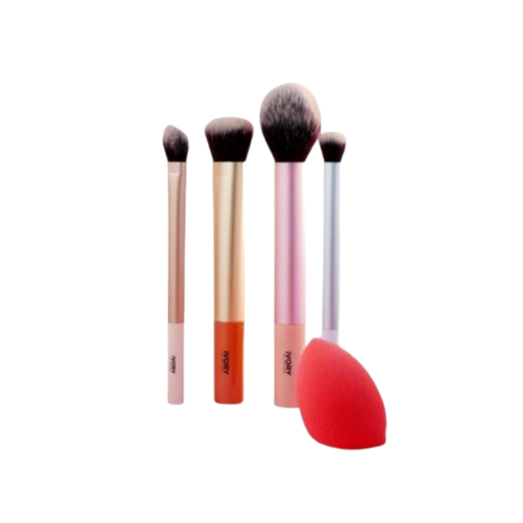 Ivory makeup brush set with beauty sponge, four face brushes and red blending sponge for makeup application.