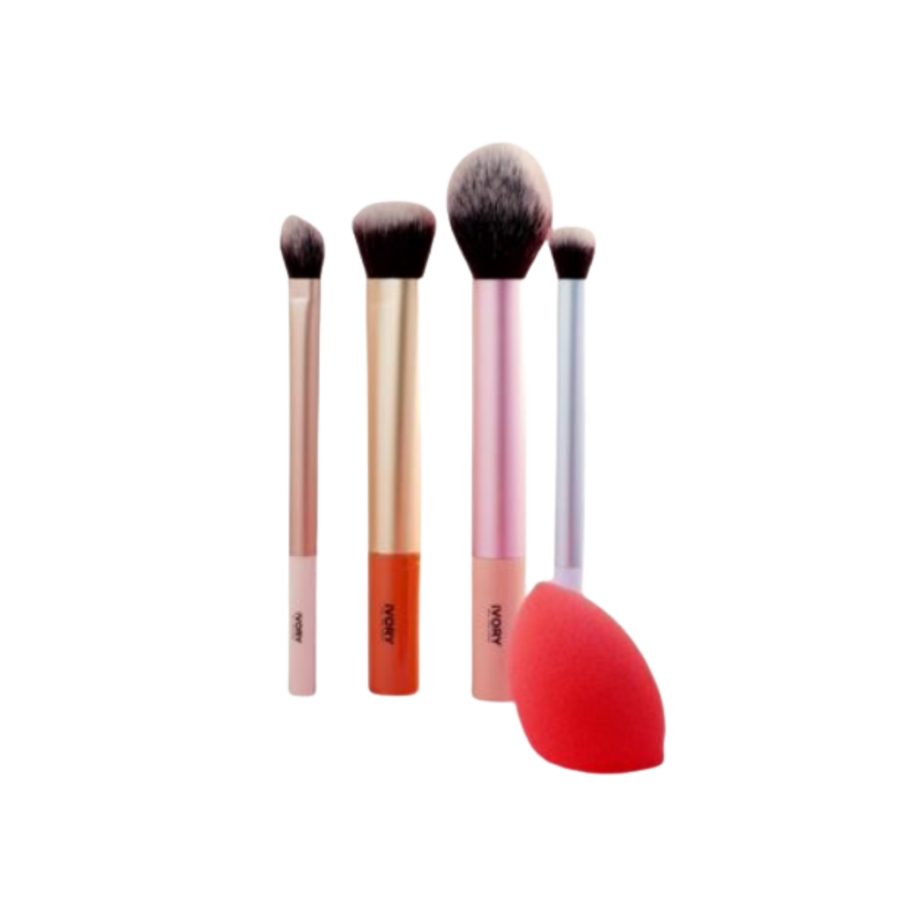 Ivory makeup brush set with beauty sponge, four face brushes and red blending sponge for makeup application.