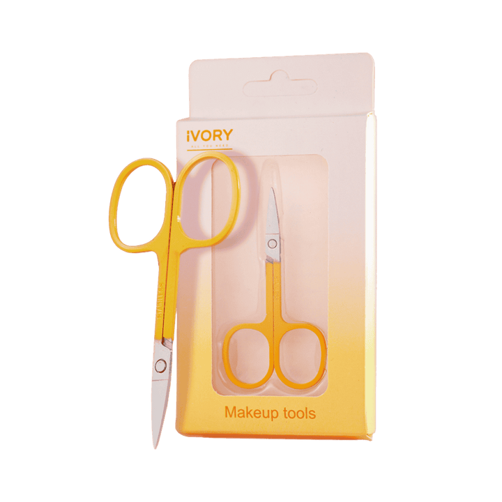 "iVORY Eyebrow Scissors, yellow handle with stainless steel blades, packaged in a clear box."