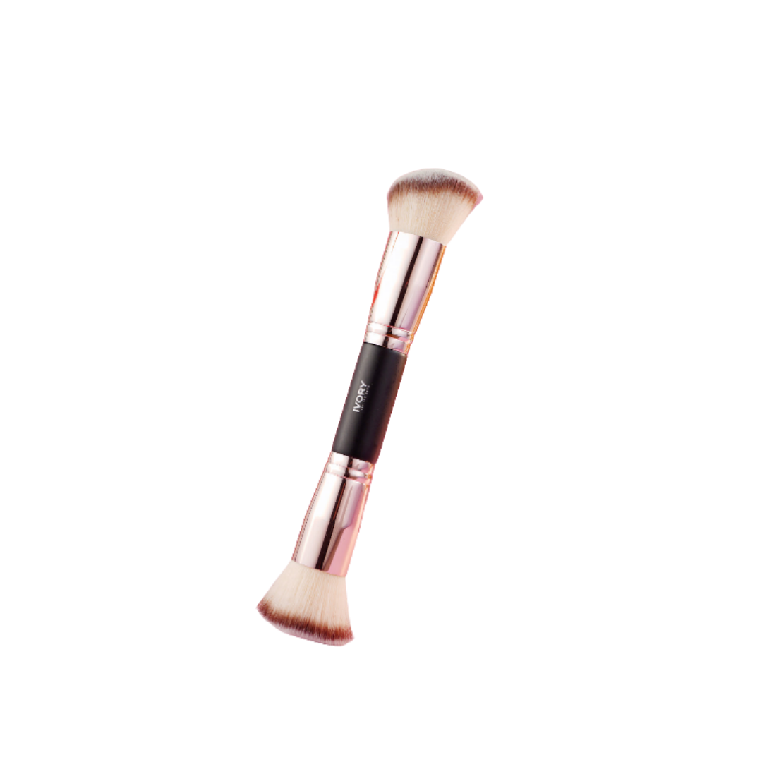 Ivory double ended face brush, dual makeup brush for blush and contour with soft bristles and metallic ferrules.