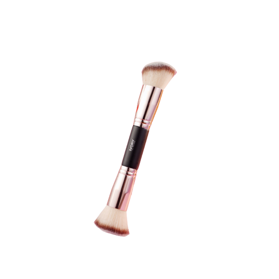 Ivory double ended face brush, dual makeup brush for blush and contour with soft bristles and metallic ferrules.