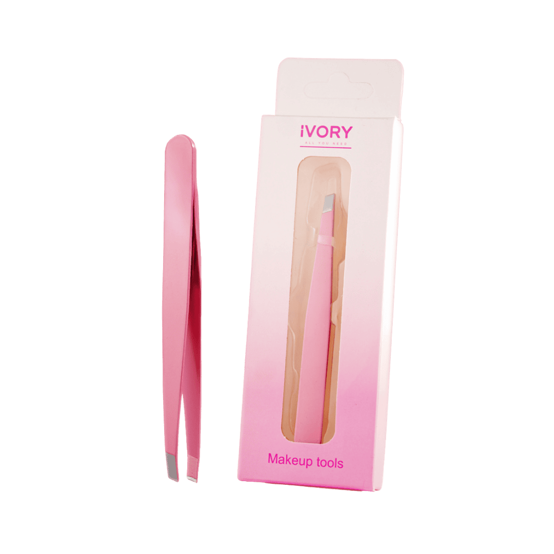 "iVORY Pink Tweezers, slim design with pointed tips for precise hair removal, packaged in a clear box."