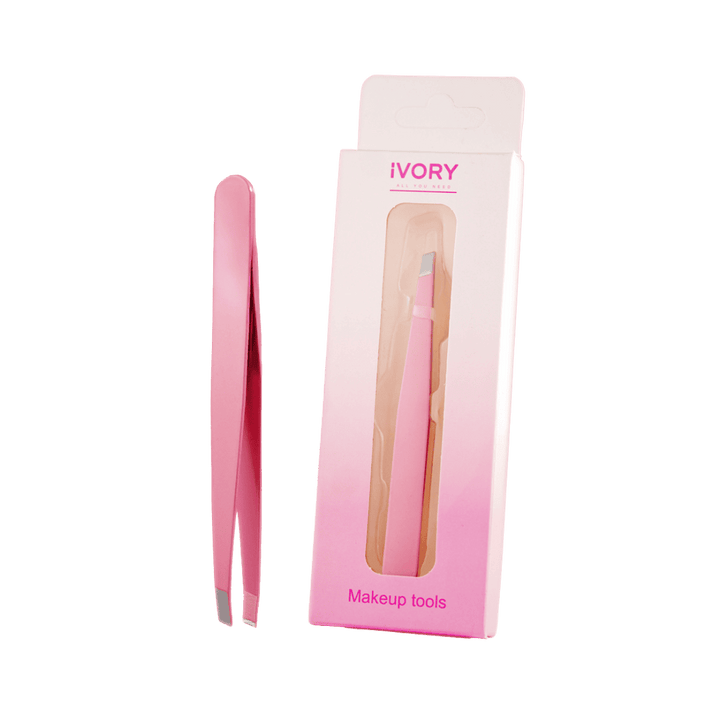 "iVORY Pink Tweezers, slim design with pointed tips for precise hair removal, packaged in a clear box."