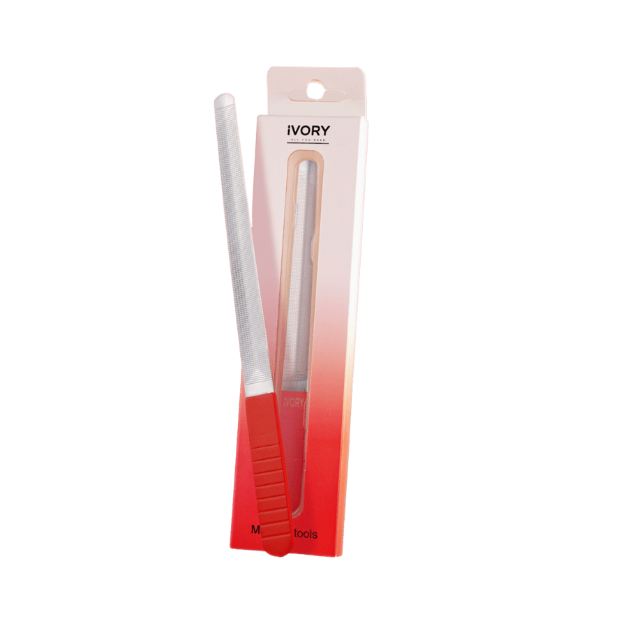 "iVORY Long Nail File, red handle with metal filing surface, designed for precise nail care."