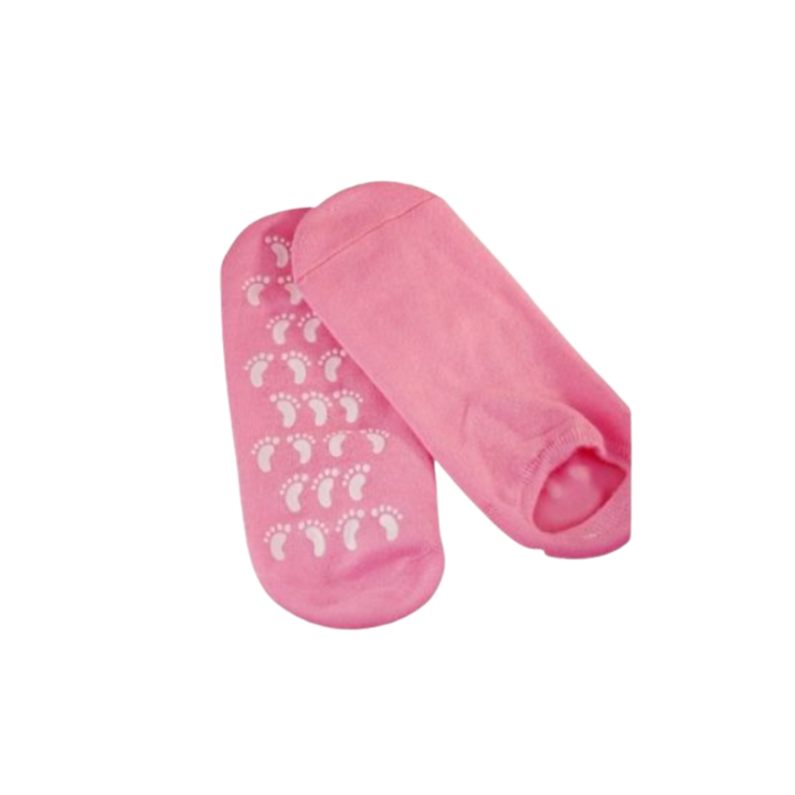 Pink gel spa socks with toe openings, moisturizing silicone-lined foot care socks with anti-slip sole pattern.