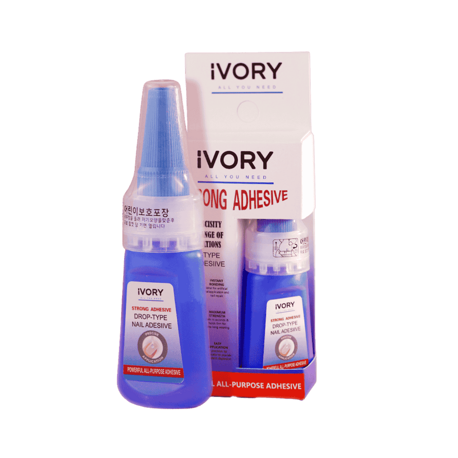 "iVORY Strong Nail Adhesive 401, drop-type adhesive for nails, blue bottle with a sleek design, packaged in a box."
