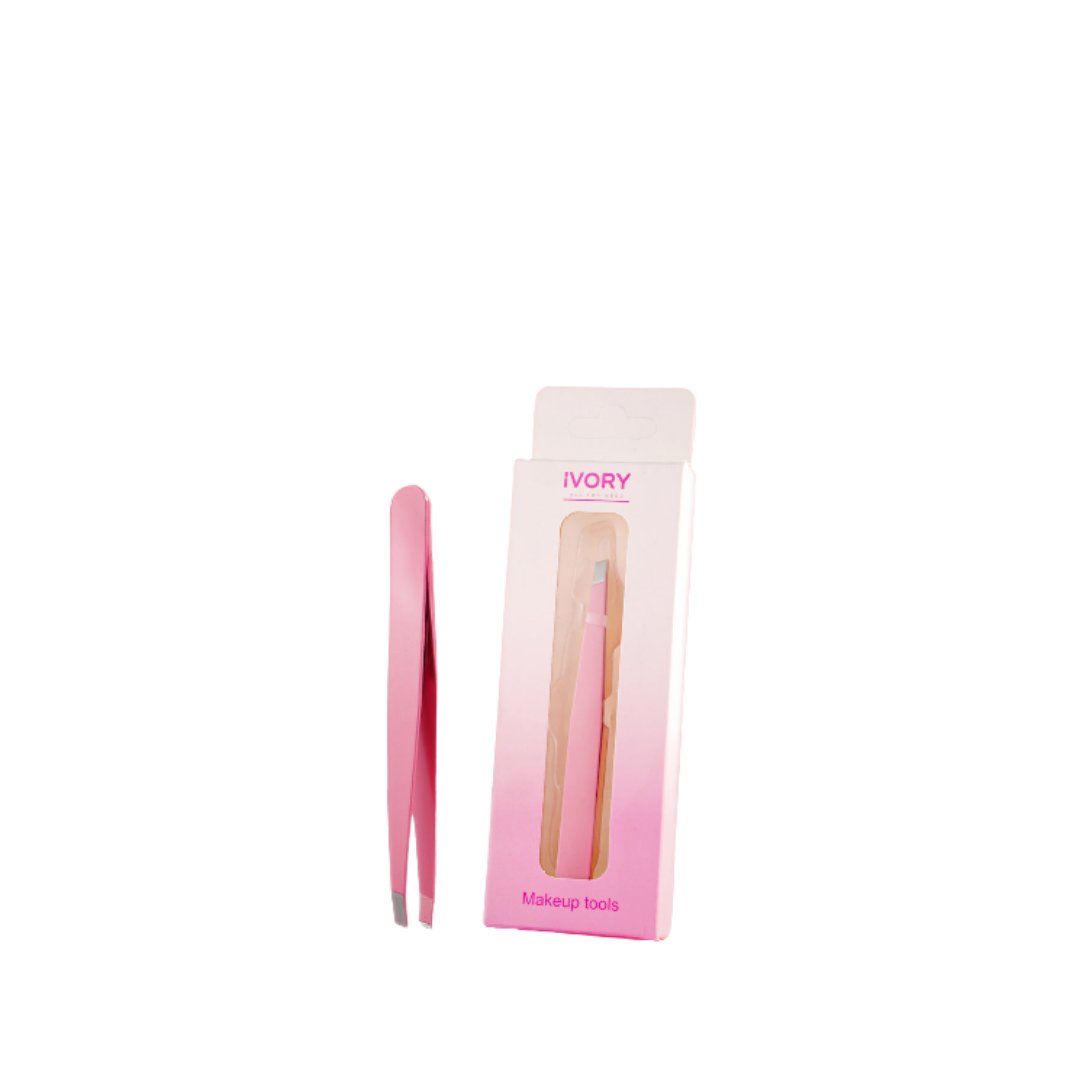 Ivory pink tweezers, packaged in a sleek box, designed for precise grooming.