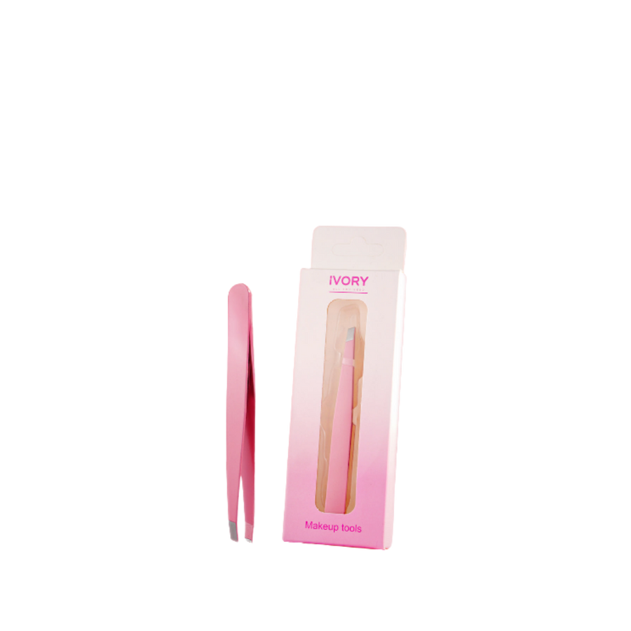 Ivory pink tweezers, packaged in a sleek box, designed for precise grooming.