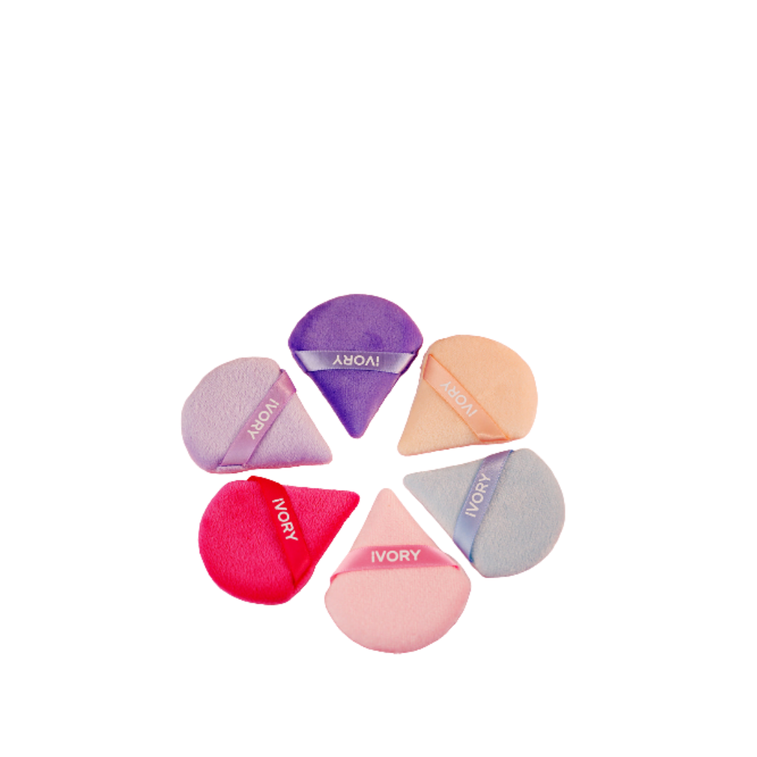 Ivory triangular makeup sponge set, six soft blending sponges in assorted colors with elastic bands.