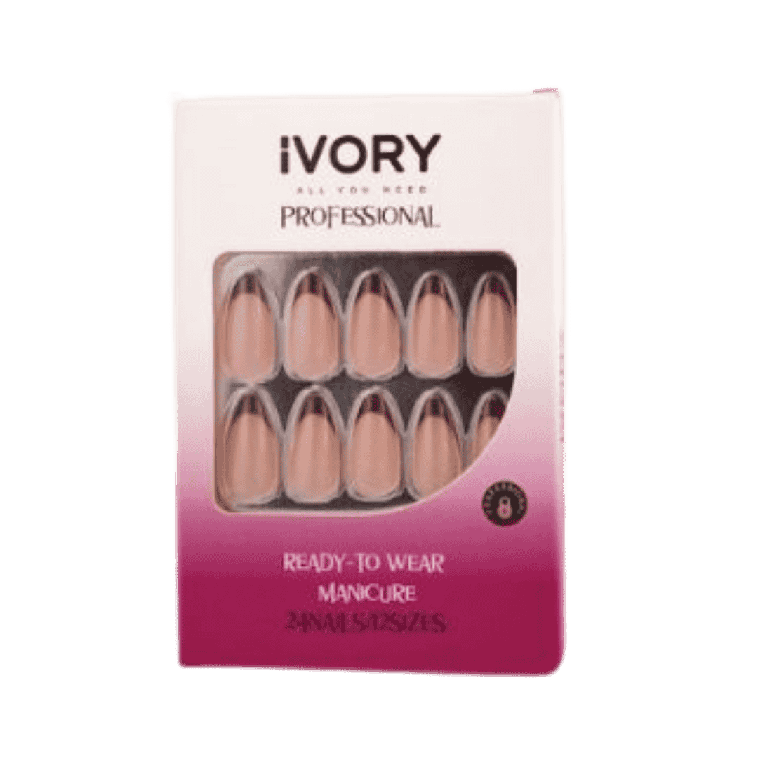 IVORY professional press on nails two tone almond shape 24 nails assorted sizes pink box packaging