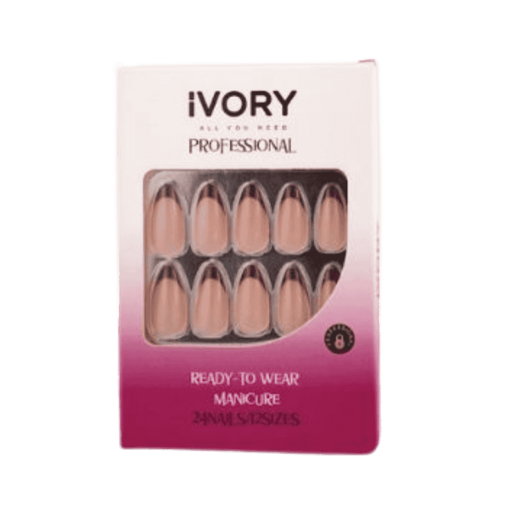 IVORY professional press on nails two tone almond shape 24 nails assorted sizes pink box packaging