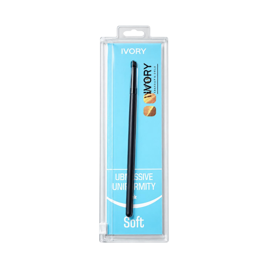 IVORY Soft makeup brush with black handle and slim design in blue packaging.