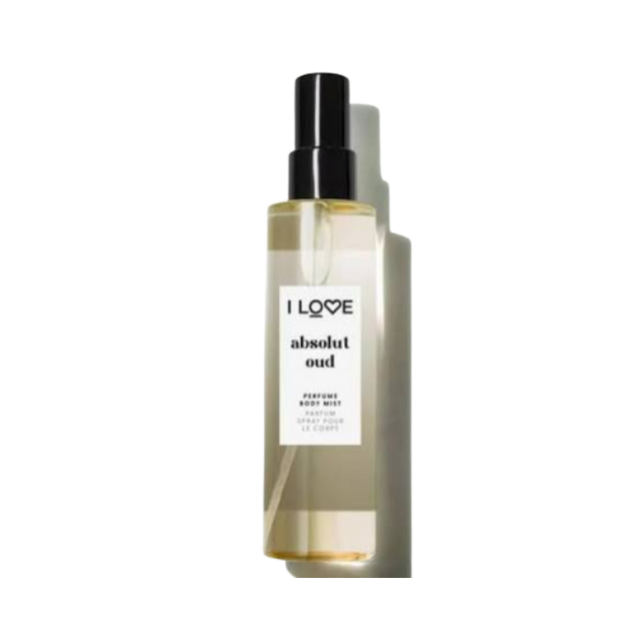 I Love Absolut Oud perfume body mist in clear amber spray bottle with black cap and white label.