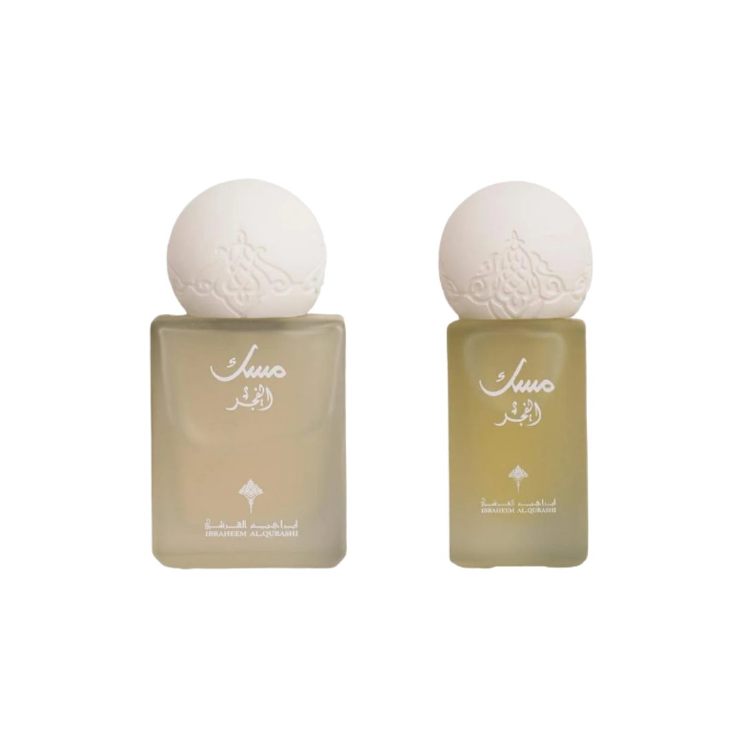 Ibrahim Al-Qurashi Musk Al-Fajr, featuring a delicate, elegant design with a white cap and a light yellowish fragrance bottle.