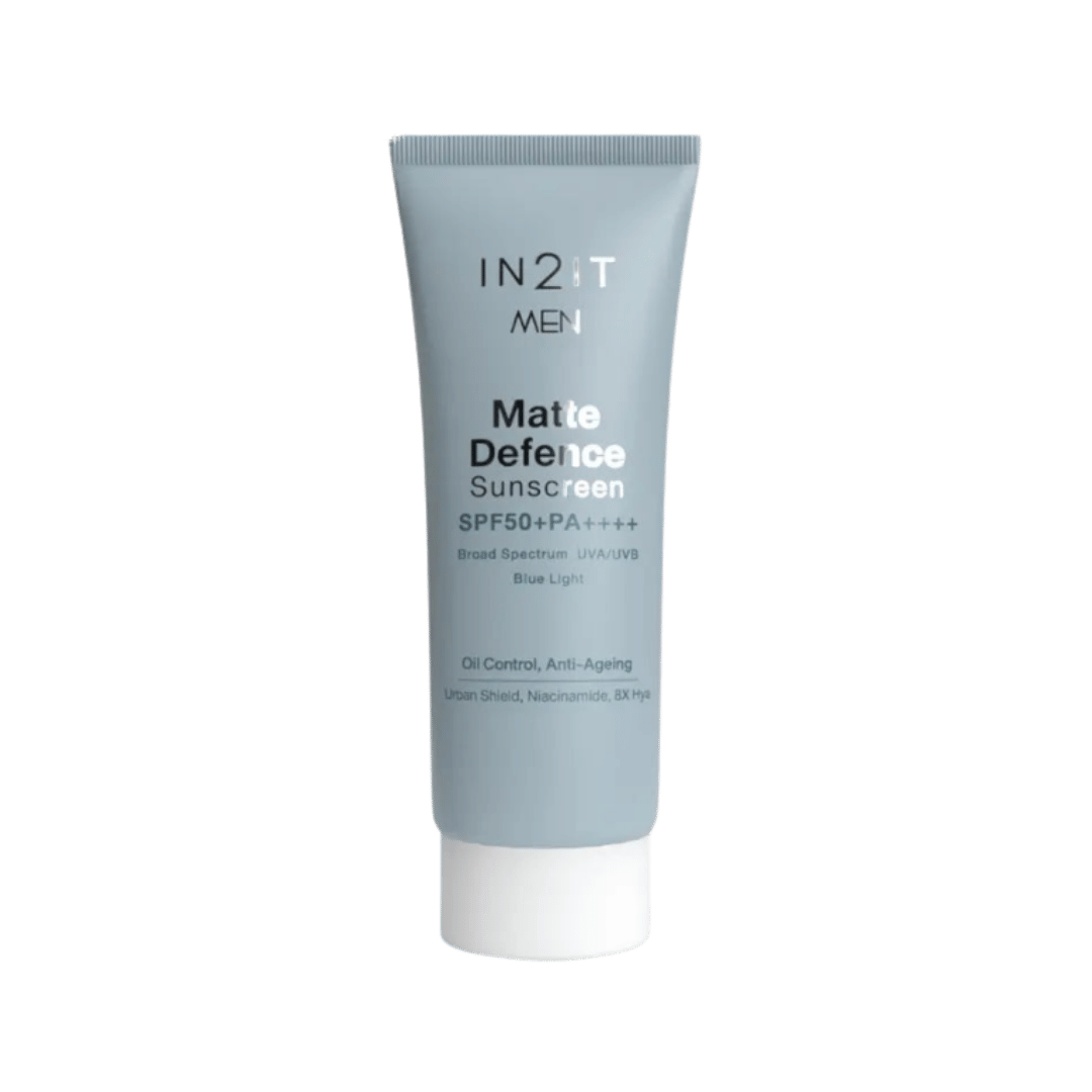 IN2IT Men Matte Defence Sunscreen SPF50+ PA++++ tube with light blue packaging and white cap