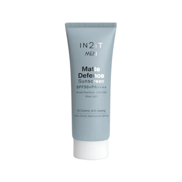 IN2IT Men Matte Defence Sunscreen SPF50+ PA++++ tube with light blue packaging and white cap