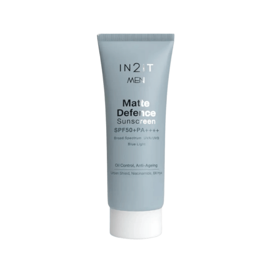 IN2IT Men Matte Defence Sunscreen SPF50+ PA++++ tube with light blue packaging and white cap