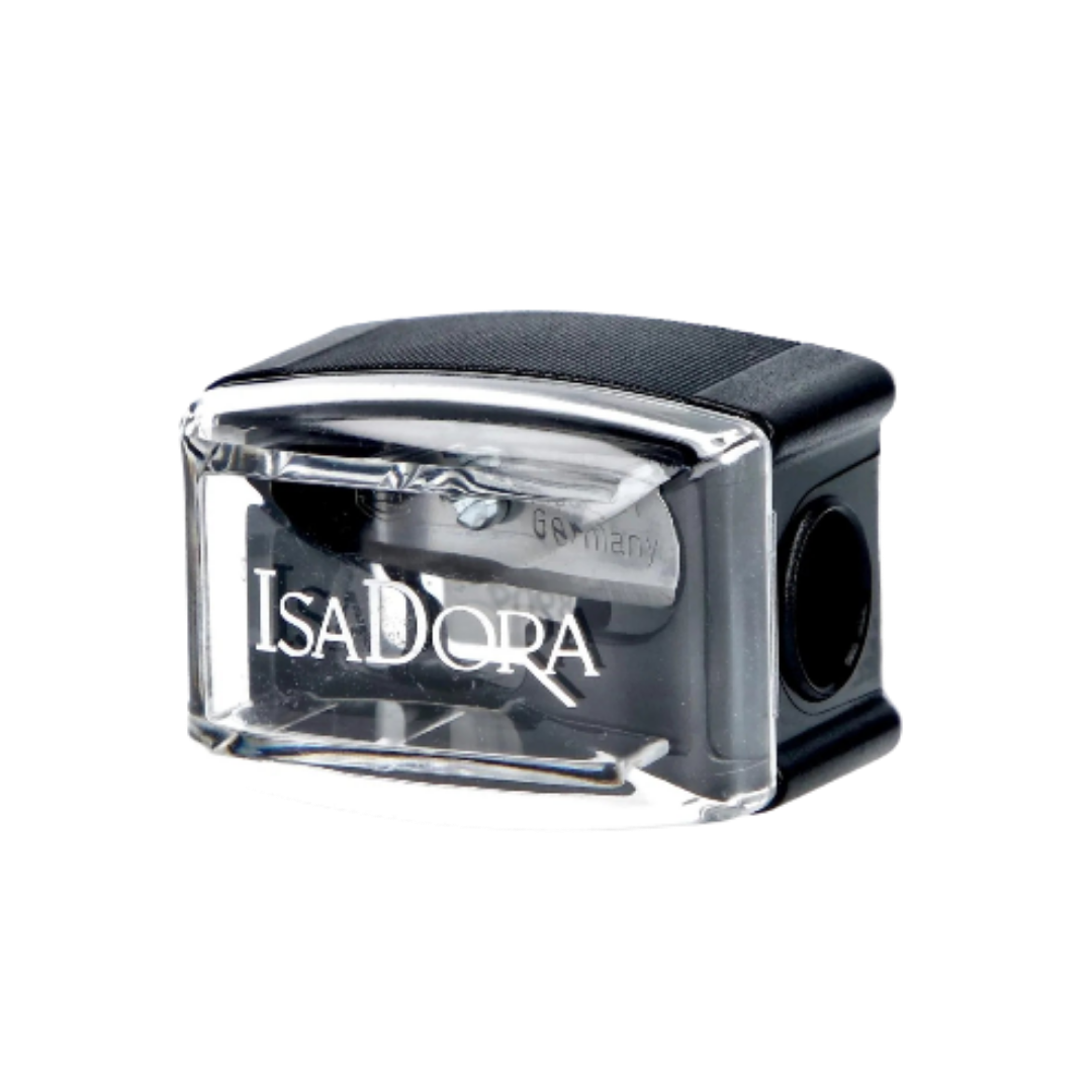 IsaDora cosmetic pencil sharpener, black plastic and clear casing dual-hole sharpener with visible blades