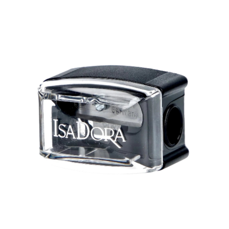 IsaDora cosmetic pencil sharpener, black plastic and clear casing dual-hole sharpener with visible blades