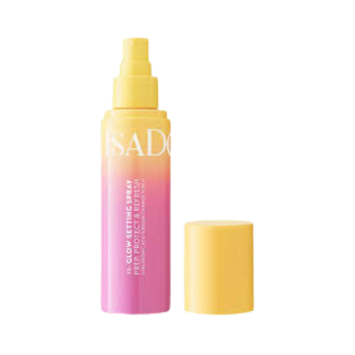 IsaDora The Glow Setting Spray, 100ml, pink-to-yellow gradient bottle with yellow pump and matching cap