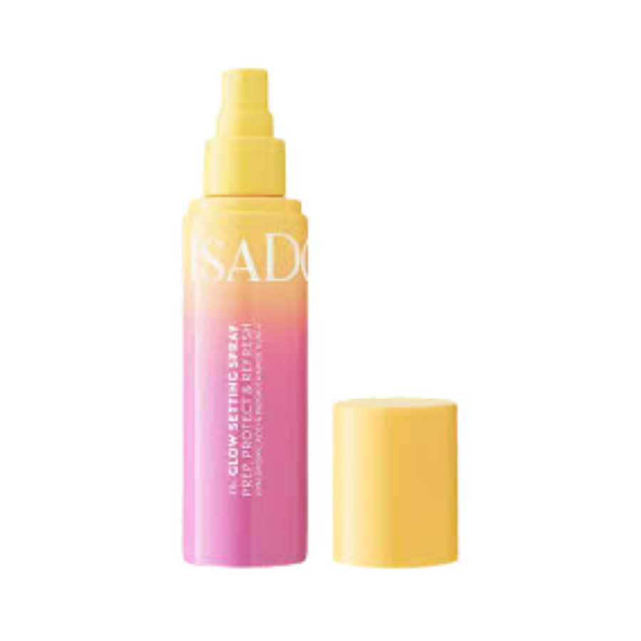 IsaDora The Glow Setting Spray, 100ml, pink-to-yellow gradient bottle with yellow pump and matching cap