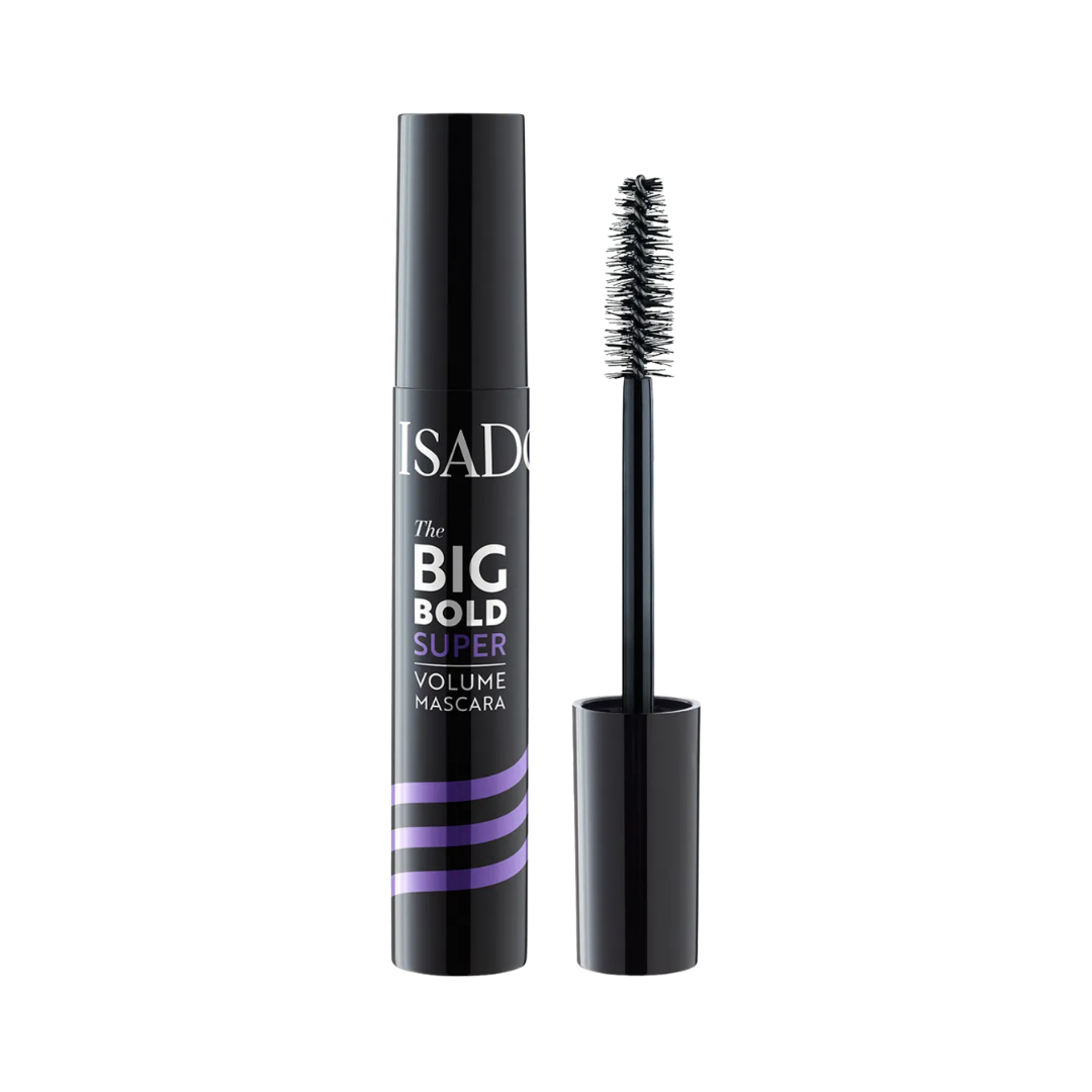 Black mascara tube with large bristle wand, IsaDora Big Bold Super Volume mascara packaging shown
