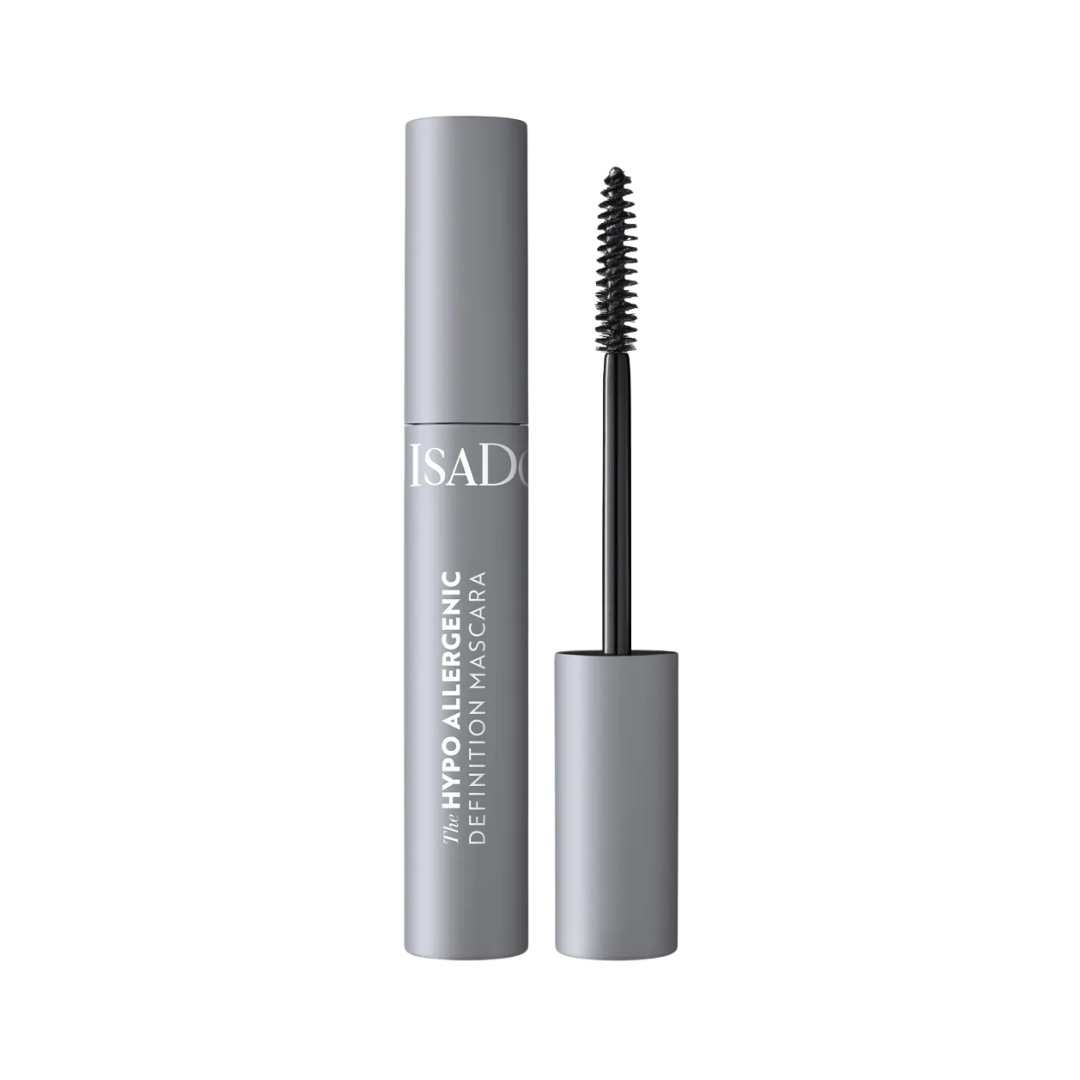 IsaDora hypoallergenic definition mascara black 10ml tube with slim brush wand and gray packaging