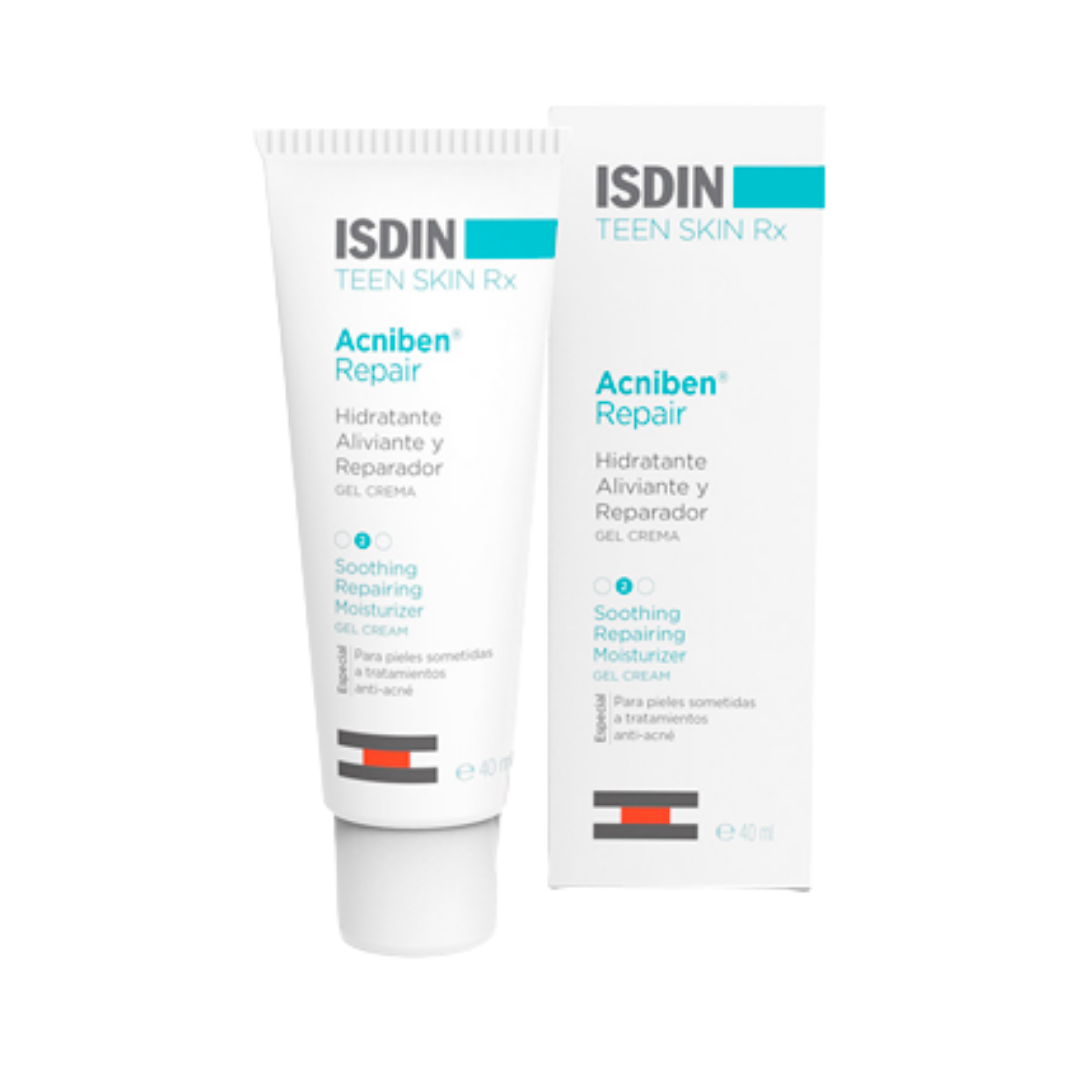 ISDIN Teen Skin Rx Acniben Repair gel cream, 40 ml white tube with matching box.
