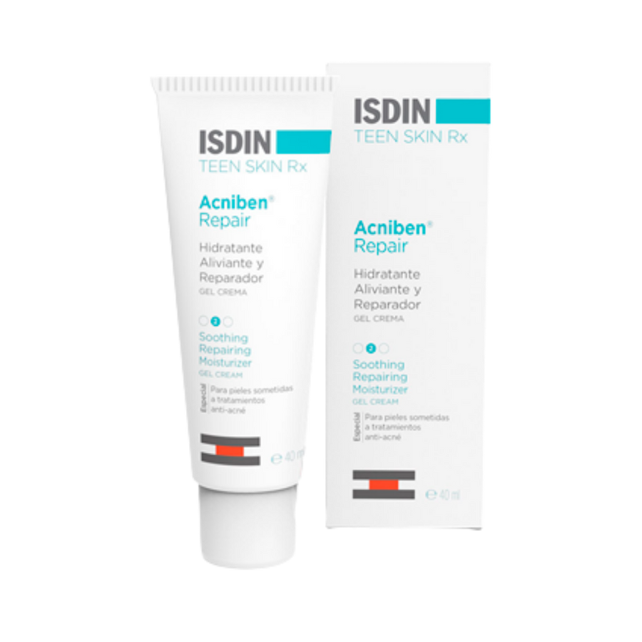 ISDIN Teen Skin Rx Acniben Repair gel cream, 40 ml white tube with matching box.
