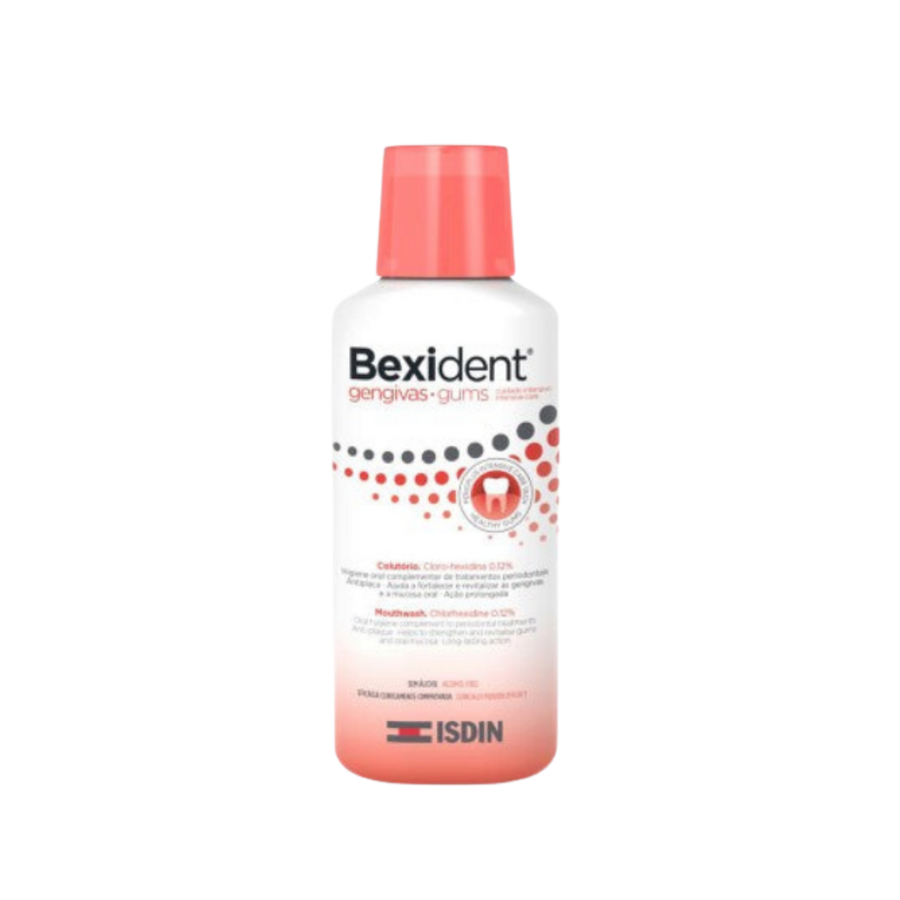 Bexident Gums Mouthwash by ISDIN, an oral rinse formulated for gum care, in a white and coral bottle.