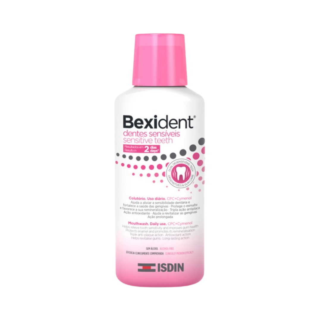 Bexident Sensitive Teeth mouthwash 200ml white bottle with pink cap and label by ISDIN