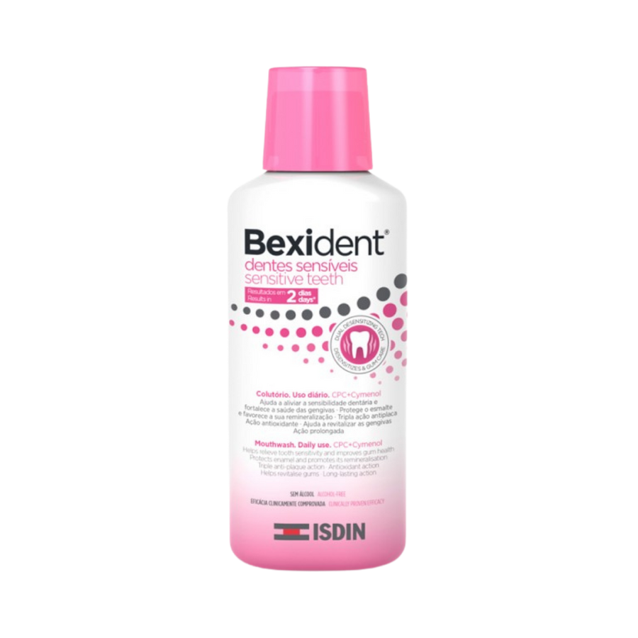 Bexident Sensitive Teeth mouthwash 200ml white bottle with pink cap and label by ISDIN
