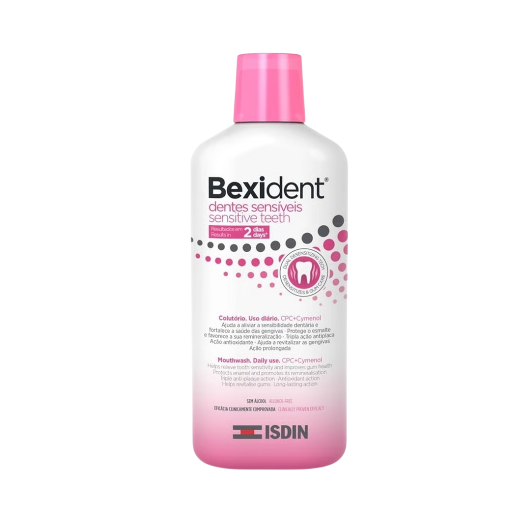 ISDIN Bexident Sensitive Teeth mouthwash, 500 ml white bottle with pink cap and dot pattern.

