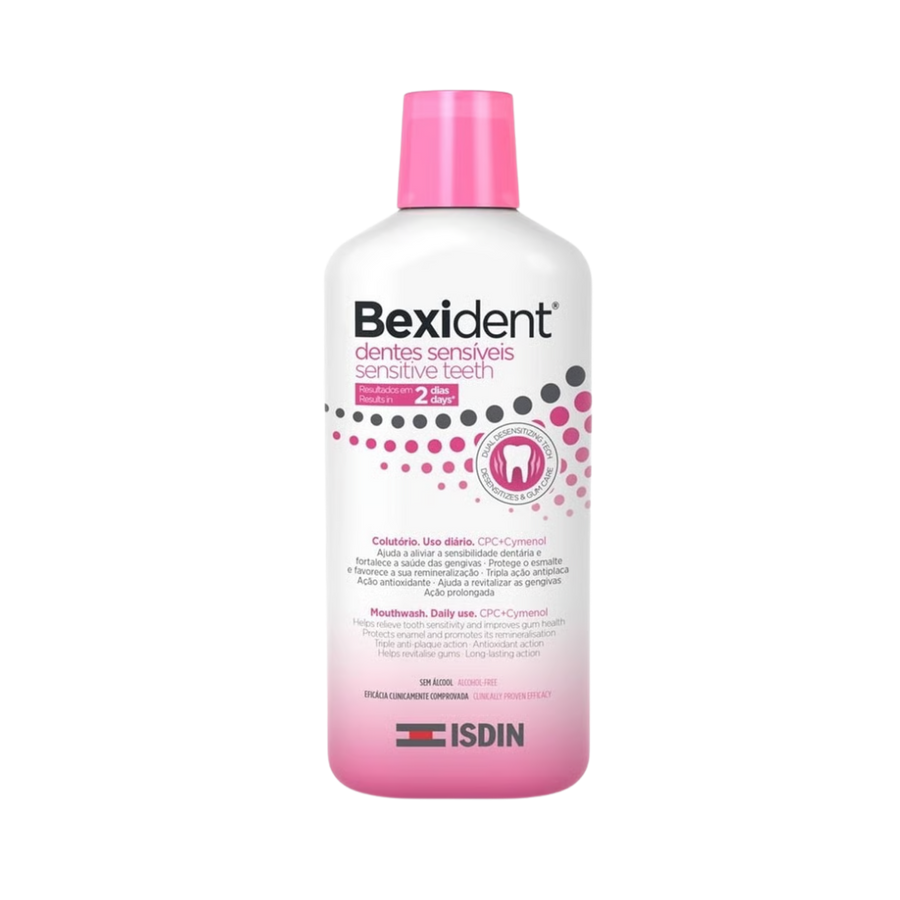 ISDIN Bexident Sensitive Teeth mouthwash, 500 ml white bottle with pink cap and dot pattern.
