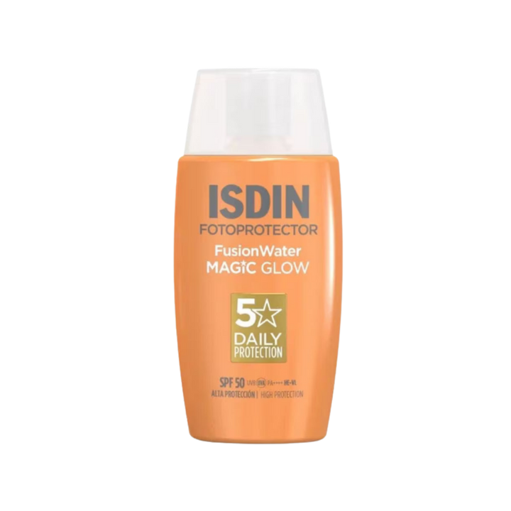 ISDIN Fotoprotector Fusion Water Magic Glow SPF 50, 5 Star Daily Protection sunscreen bottle