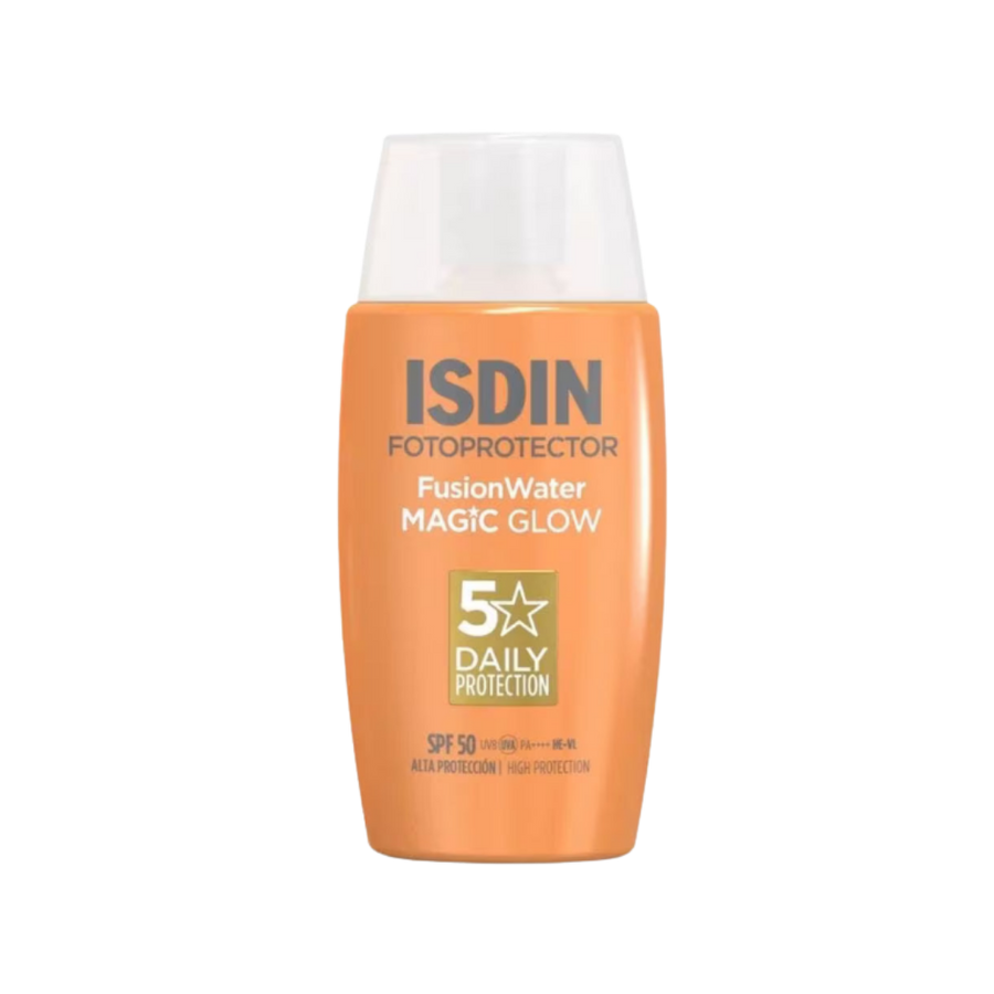 ISDIN Fotoprotector Fusion Water Magic Glow SPF 50, 5 Star Daily Protection sunscreen bottle