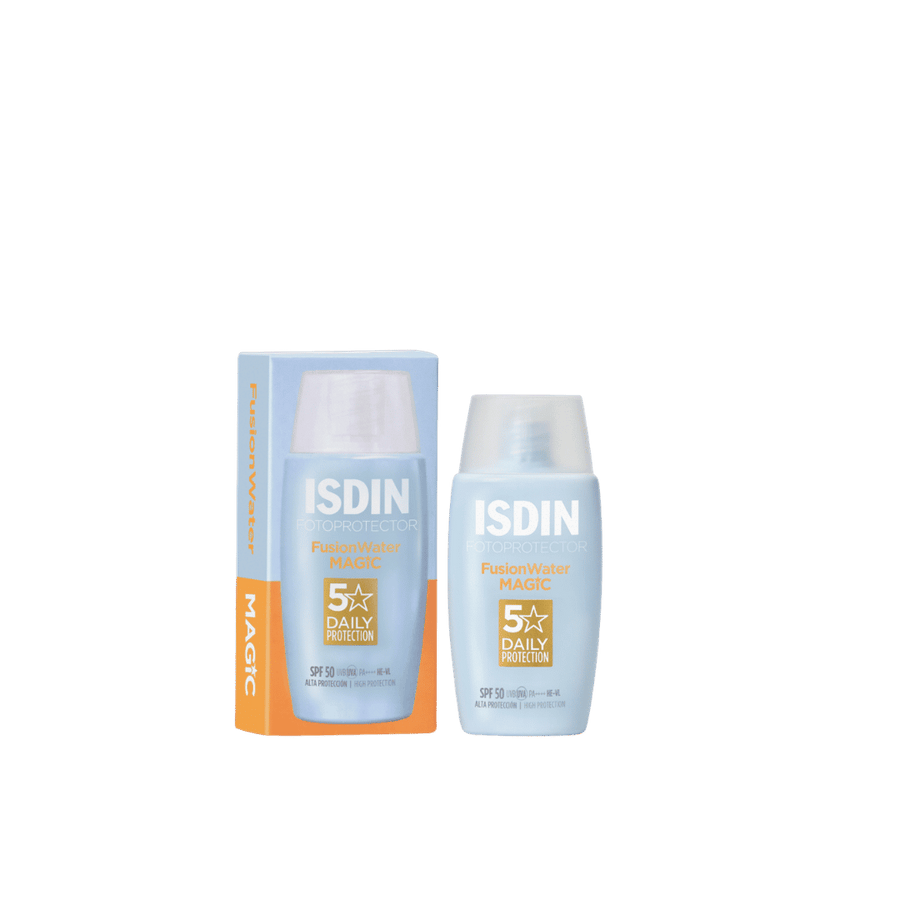 ISDIN Fotoprotector Fusion Water Magic SPF50 sunscreen, blue bottle and box, 50ml