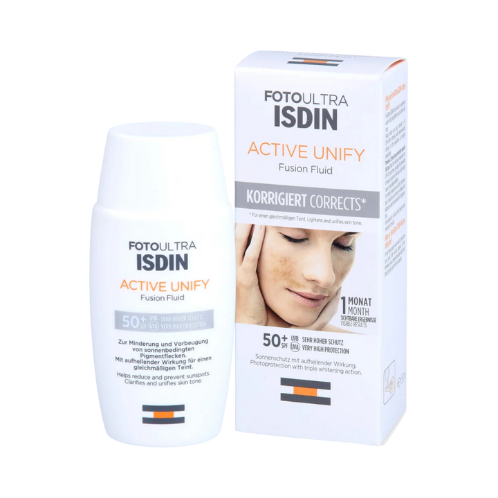 ISDIN Fotoultra Active Unify SPF50+ 50ml white bottle with matching product box