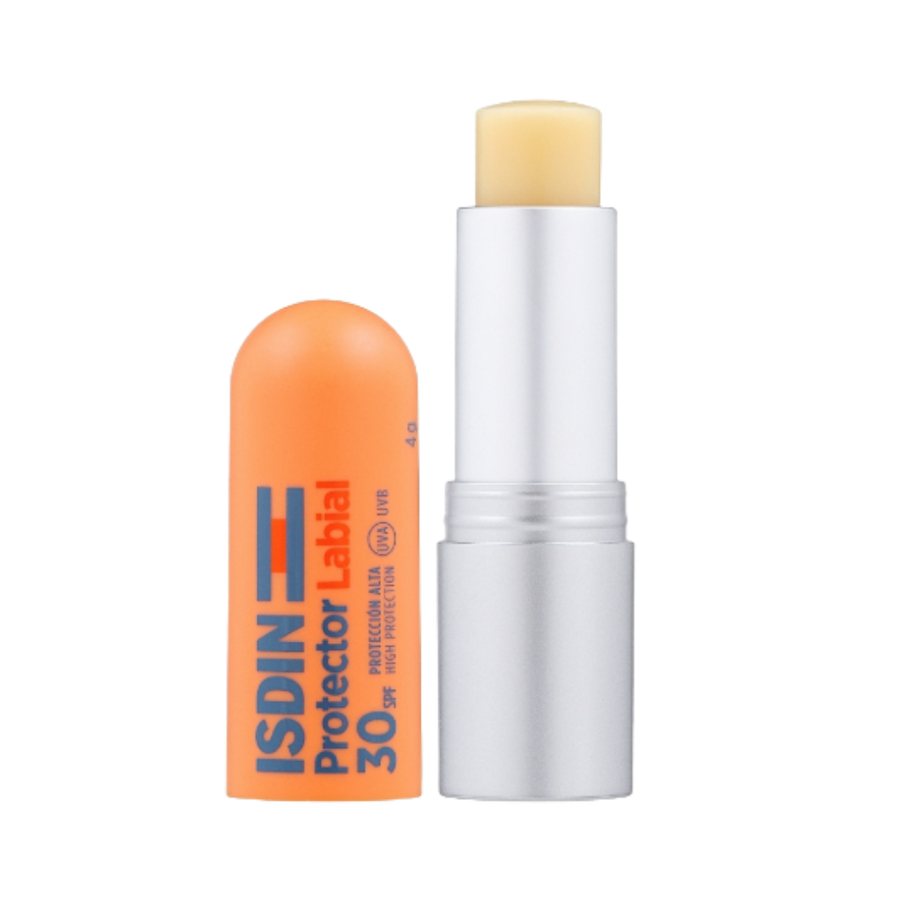 ISDIN Protector Labial SPF 30 lip balm stick, white tube with orange cap, 4 g.
