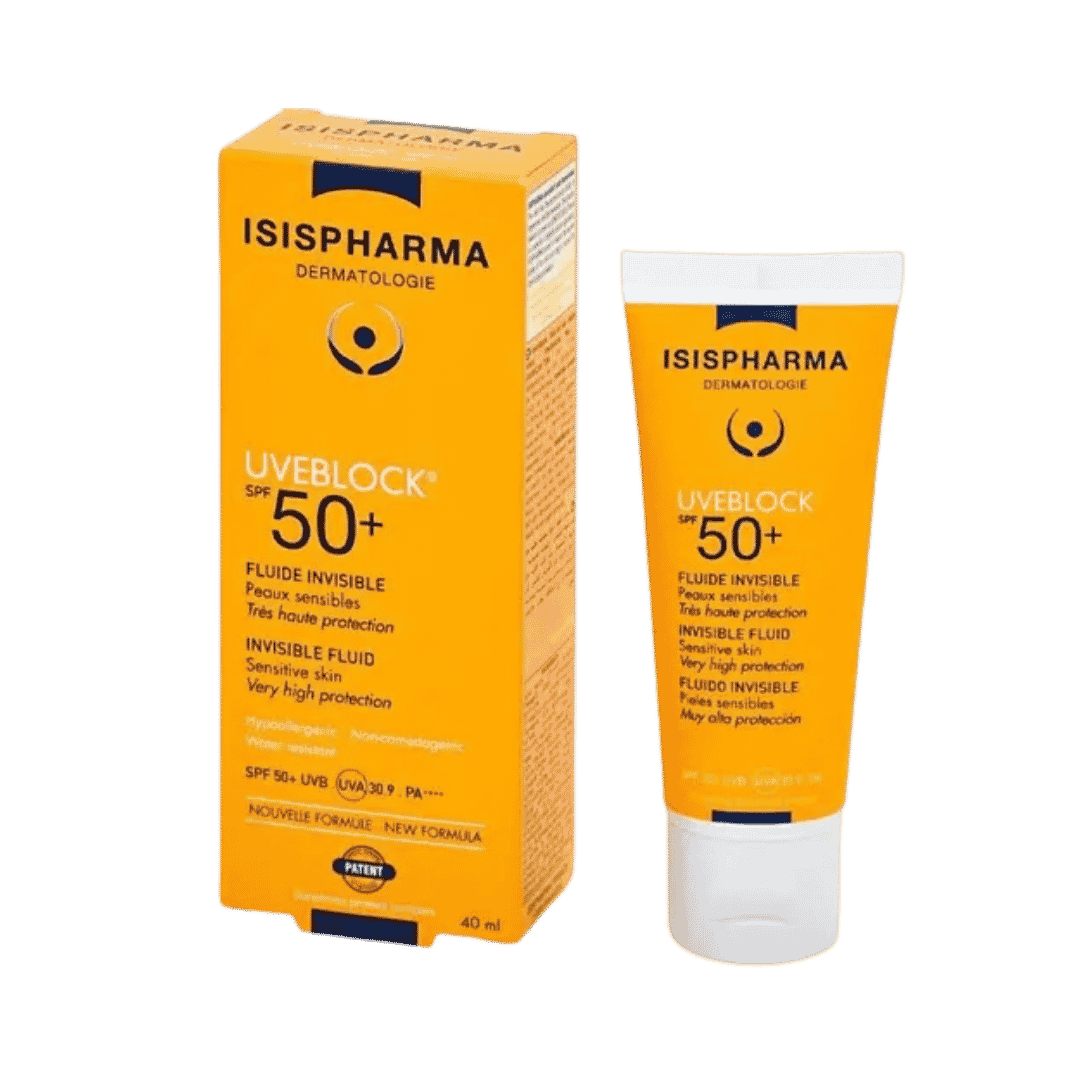 ISISPHARMA Uveblock SPF50+ invisible fluid sunscreen 40ml tube with orange and white packaging